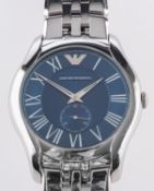 Emporio Armani, a gentleman's stainless steel wristwatch the blue dial with raised Roman numerals,