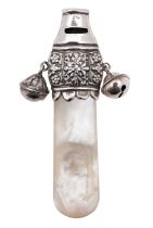 A George IV silver and mother of pearl child's rattle, whistle and teething stick,