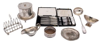 A group of silver-plated items to include, an Elkington & Co seven bar toast rack,