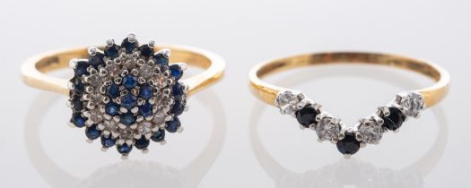 Two 9ct gold, sapphire rings, including a sapphire and diamond cluster ring,