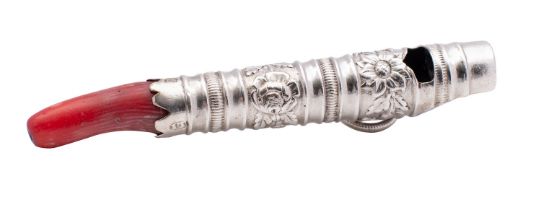 A William IV silver and Coral child's whistle teething stick, maker Joseph Taylor,