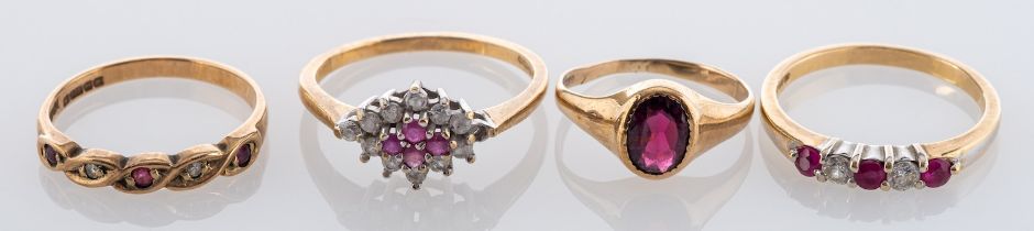 Four 9ct gold, gemset rings, including two ruby and diamond five-stone rings,