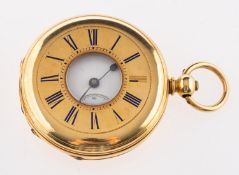 An 18k half-hunter pocket watch the white enamel dial with black Roman numerals,