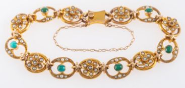 A fancy-link, turquoise and seed pearl bracelet, with floral motifs, stamped '9CT', total length ca.