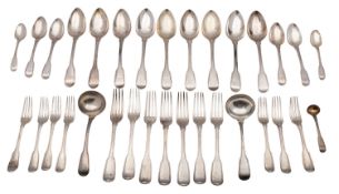 A part George III silver canteen of flatware, maker William Eley I, William Fearn & William Chawner,