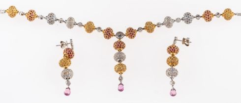 An 18ct gold, diamond and pink sapphire necklace and matching earrings,