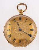 An 18ct gold pocket watch the gold dial with engraved decoration,