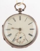 An open-faced silver pocket watch the cream dial with black Roman numerals,