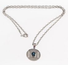 A platinum sapphire and diamond pendant and chain,