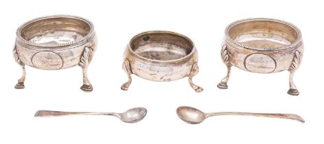 A pair of George III silver salts, Thomas Shepherd, London 1773, of cauldron form, beaded rims,
