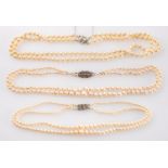 Three double-row, cultured pearl necklaces,