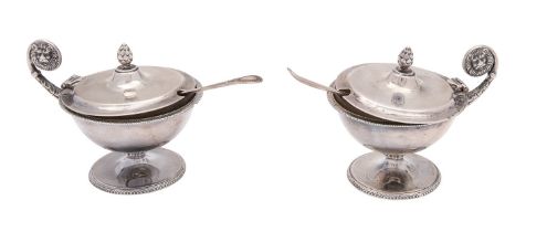 A pair of George V silver mustard pots, James Dixon & Son, Sheffield 1928, of Greek urn form,