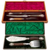 A cased trio of Victorian silver mounted antler carving items, maker George Houston,