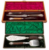 A cased trio of Victorian silver mounted antler carving items, maker George Houston,