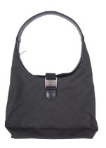 Mulberry. A black shoulder bag with printed body and black leather strap..