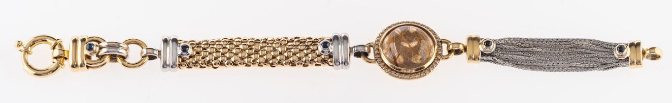 A 14ct gold, rutilated quartz, sapphire and diamond bracelet,