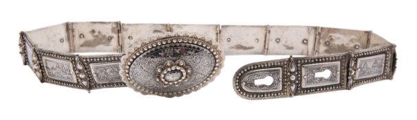 A late 19th century Armenian silver and niello pictorial belt, marked on the buckle,