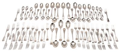 A matched canteen of silver flatware, various dates and makers, mostly Victorian and London, Fiddle,