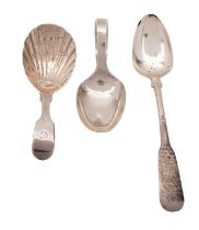 A Victorian silver caddy spoon, GP over struck, London 1866, Fiddle pattern with shell bowl,