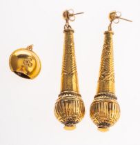 A pair of drop earrings, of conical form, with post fittings, 6.5cm long; and a pendant, 2.