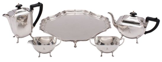 An Edward VIII Art Deco silver four piece tea set, Aaron Lufkin Dennison, Birmingham 1937,