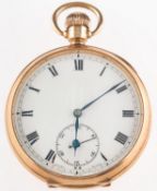 A 9ct gold open-faced pocket watch the dial with black Roman numerals,