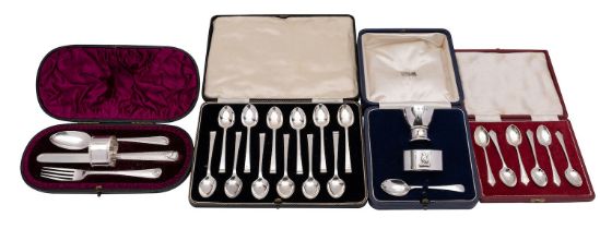 A small group of cased silver to include; a set of Art Deco silver coffee spoons,