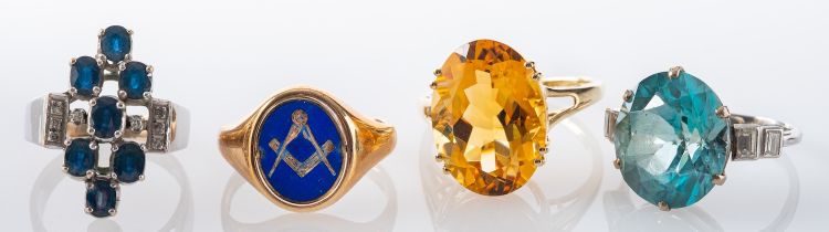 Four rings, including a 9ct gold, citrine ring; a sapphire and diamond ring,