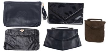 A group of five various black leather evening bags, unsigned,