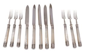 A set of six George V mother of pearl and silver fruit knives and forks,