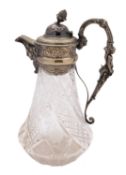 A late 19th century silver plate and glass claret jug, unmarked, of inverted tapering form,