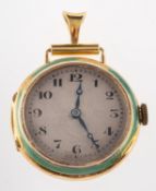 WITHDRAWN An 18ct gold and enamel fob watch the silvered dial with black Arabic numerals and blued
