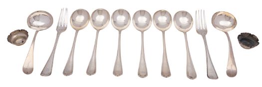 A set of six George V spoons, E K & S Ltd, Sheffield 1927, Art Deco design,