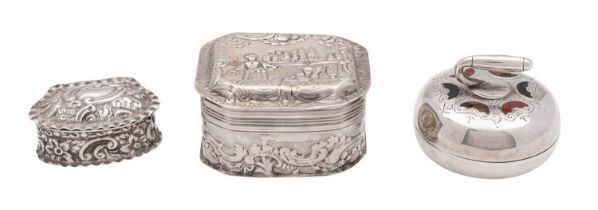 A silver and hard stone novelty curling stone box, makers mark J.