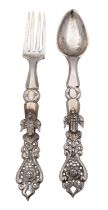 Two late 19th century Armenian/ Turkish silver spoon and fork, marked heavy gauge, 14.