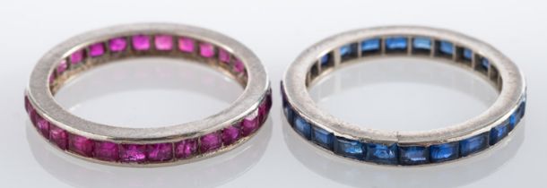 A sapphire eternity ring, set with rectangular cut sapphires,