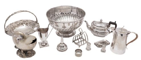 A mixed group of late 19th century silver plated wares to include, a part fluted rose bowl,