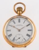 Waltham USA a gold-plated pocket watch the dial with black Roman numerals, gold spade hands,