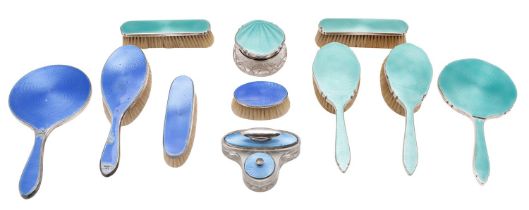 A George V silver and pale blue enamel dressing table set, William Henry Leather, Birmingham 1926,