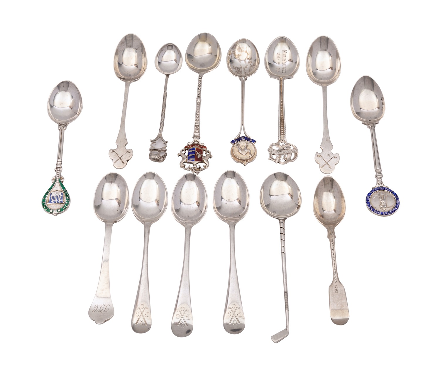 A collection of silver prize teaspoons, various dates and makers, mostly golf related, 200grams,