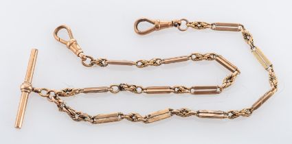 A 9ct gold watch chain with T bar, of fancy linking interspaced woven links and bars, length 13.