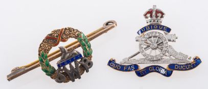 Two vari-coloured enamel, regimental badges, including a badge for the South Wales Borderers,