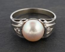 A cultured pearl and single-cut diamond ring, diameter of cultured pearl ca. 8.
