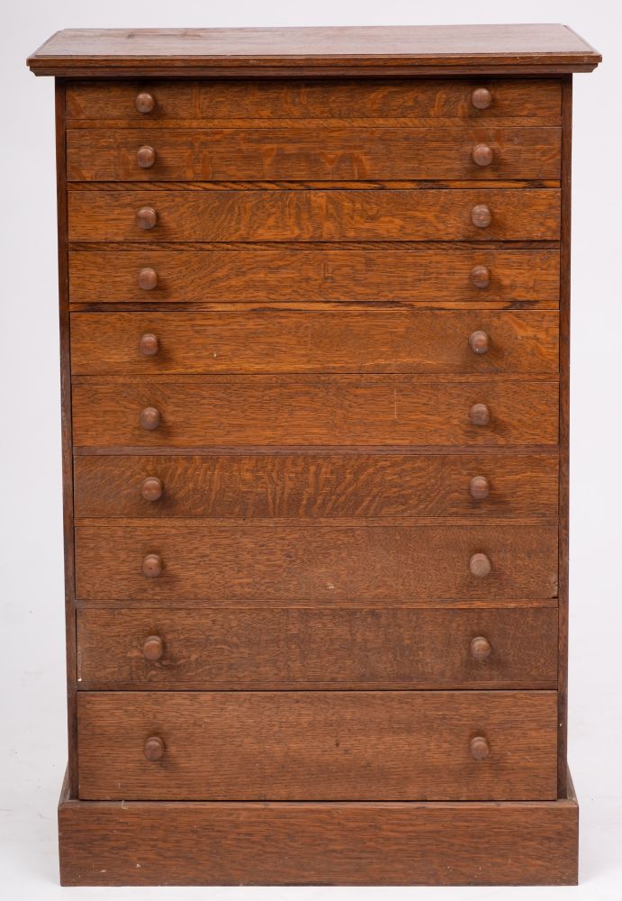 An Edwardian oak collectors chest, containing ten drawers on a plinth base, 85cm high, 56cm wide,