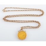 A 1913 half Sovereign, in a pendant mount, on a belcher link chain, stamped 9ct, 64cm long,