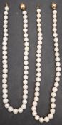 Two graduated, baroque, cultured pearl necklaces, diameter of cultured pearls ca. 8.9-11.