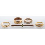 A collection of four rings and a bar brooch, including an 18ct gold Five Stone Diamond Ring,