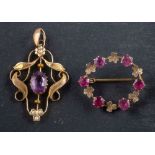 A gemset pendant and brooch, including an amethyst and seed pearl openwork pendant, length ca.