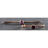 Two gemset bar brooches; including an amethyst brooch, stamped '9CT', and a 9ct gold,