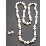 A single-row, cultured pearl necklace and pair of cultured pearl ear studs,